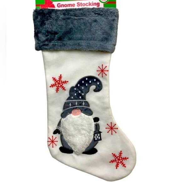 Gnome Christmas Stocking Embroidery Embellishments 17 inches White Grey - Picture 6 of 14